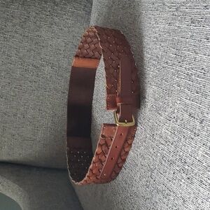 Linea Pelle Wide Woven Leather Belt with Stretch, Brown (S)